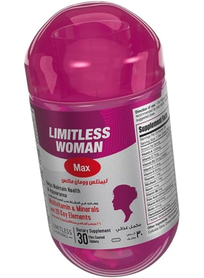 LIMITLESS Woman Max Women’s Multivitamin, 26 Essential Vitamins & Minerals, With Biotin, Iron & Vitamin C, Beauty, Energy & Immune Support, 30 Tablets - Image 2